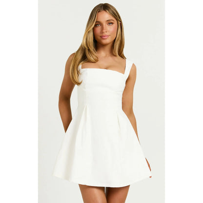 Ida Bow-Back Mini Dress – Elegant Straight Neck & Wide Straps in Classic White