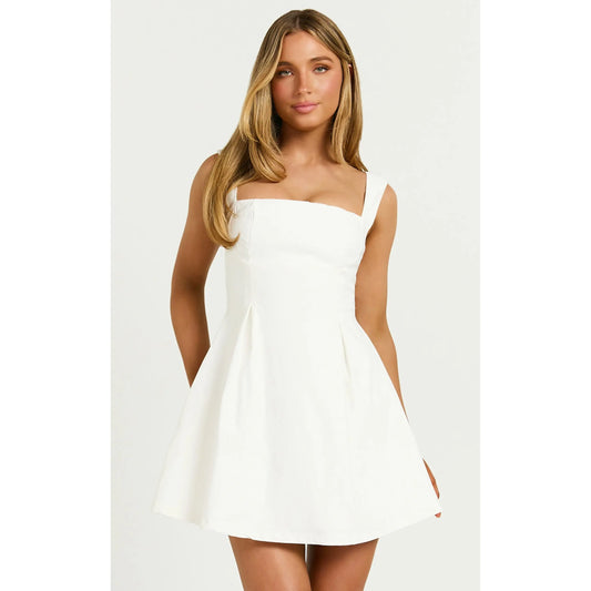 Ida Bow-Back Mini Dress – Elegant Straight Neck & Wide Straps in Classic White