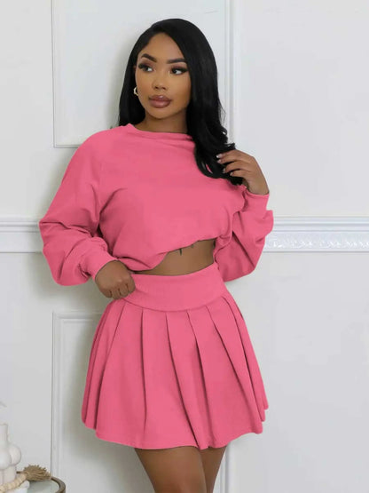 Women'S Fashion Casual Set, Autumn Winter New Style Hoodie Long Sleeve Pullover Top and Pleated Mini Skirt