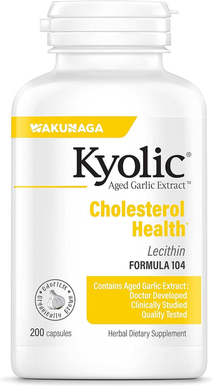 Aged Garlic Extract Formula 104 - Cholesterol Health - Supports Overall Cardiovascular Health* - Odorless Aged Garlic Extract & Lecithin - Gmo-Free, Gluten-Free - 200 Capsules (100 Servings)
