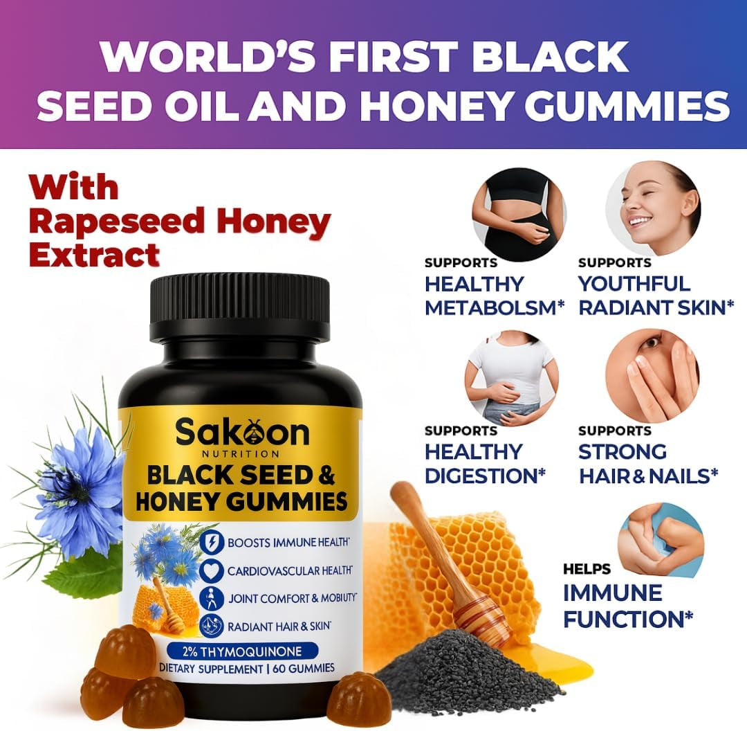 Organic Black Seed Oil Gummies with Honey | 2%+ Thymoquinone High Potency | 60 Count Immune Support 🍯