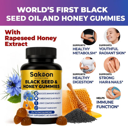 Organic Black Seed Oil Gummies with Honey | 2%+ Thymoquinone High Potency | 60 Count Immune Support 🍯
