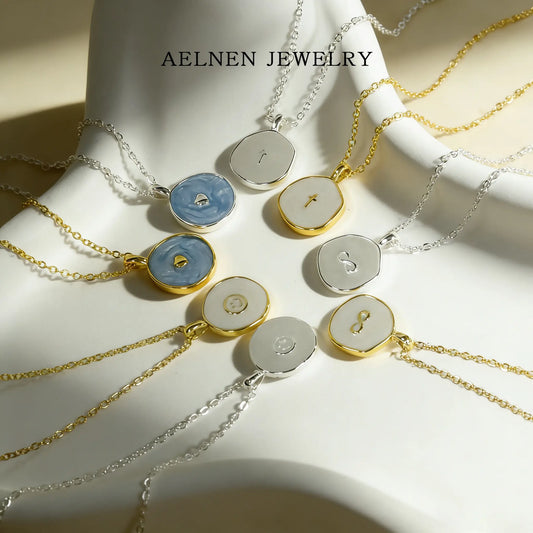 AELNEN Enamel Accent Disc Necklaces - S925 Marble & Minimal Symbol Pendants - Sleek Versatile Jewelry - Gift for Her