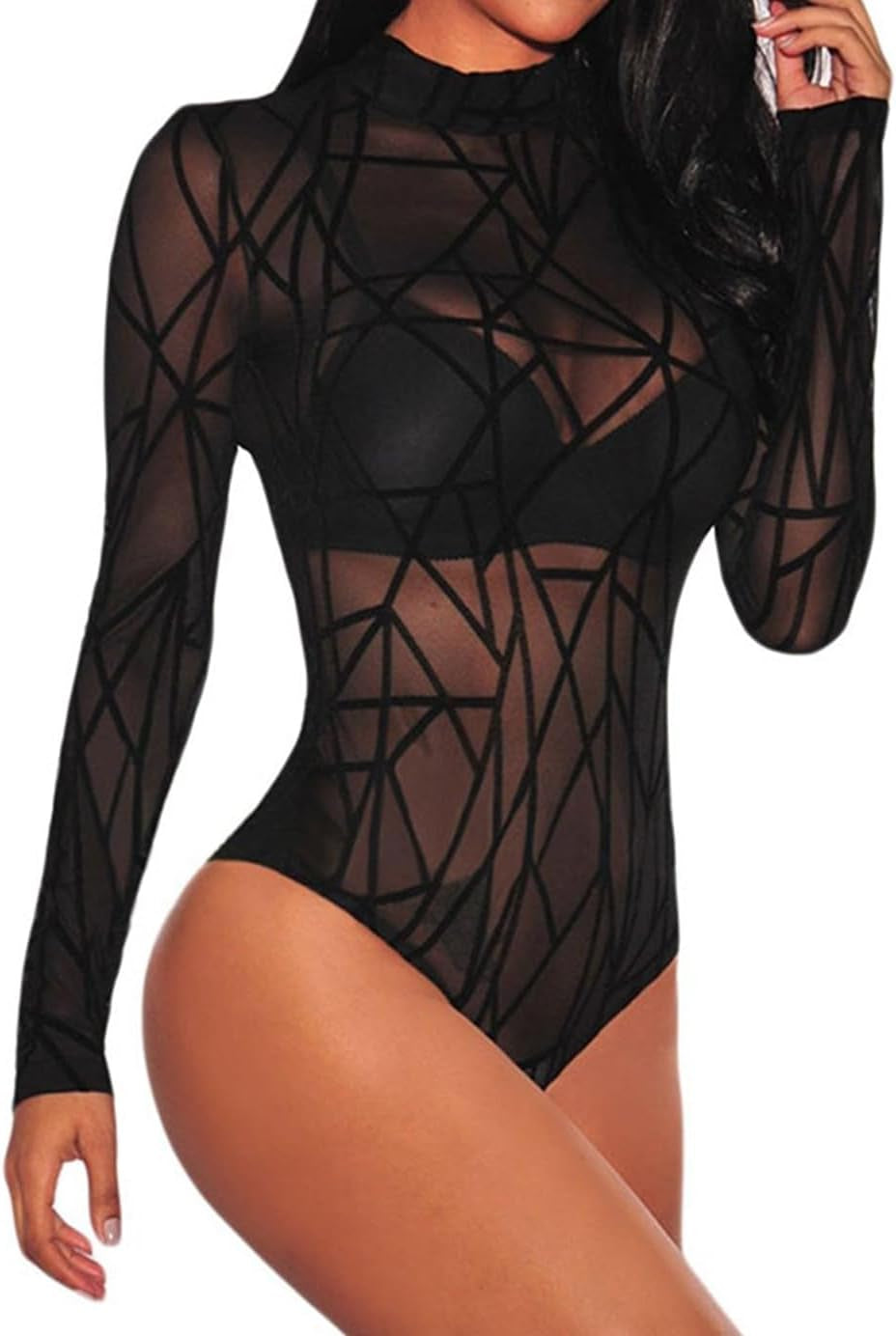 Effortless Geo Mesh Bodysuit - Sheer Long Sleeve Turtleneck