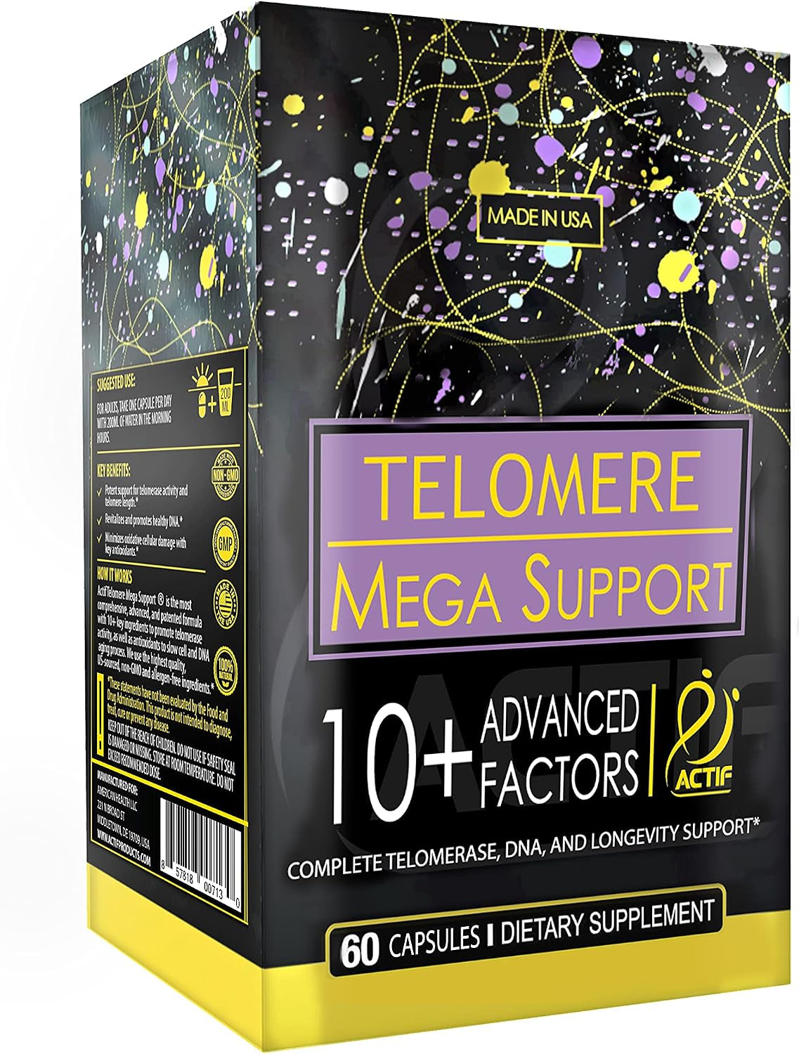 Telomere Mega Support with 10+ Factors, Non-Gmo, Telomerase and DNA Supplement for Energy, Memory and Anti-Aging, Made in USA, 60 Count