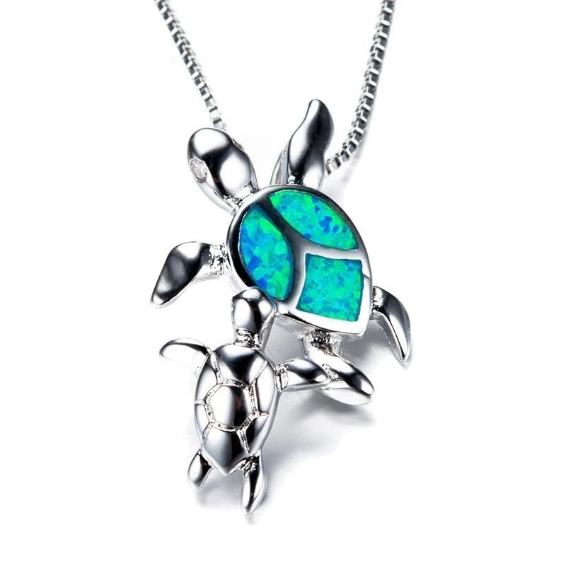 🐢 Bohemian Blue Fire Opal Sea Turtle Necklace – Shimmering Ocean Animal Pendant for Women 🌊✨