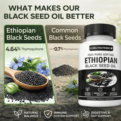 Ethiopian Black Seed Oil Softgels | Ethiopian Black Seed Oil Organic Cold Pressed | 4.64% Thymoquinone | Non-Gmo, Gluten-Free,60 Capsules
