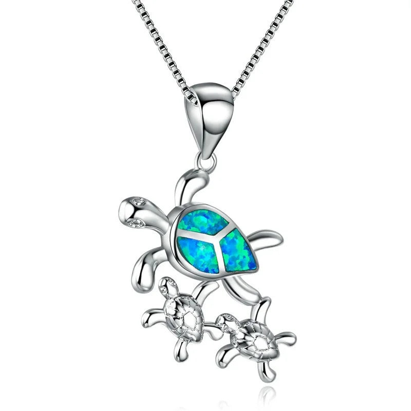 🐢 Bohemian Blue Fire Opal Sea Turtle Necklace – Shimmering Ocean Animal Pendant for Women 🌊✨