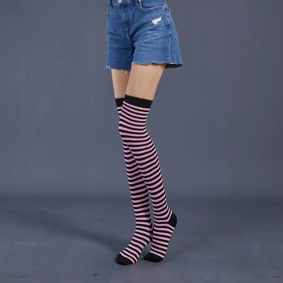 🌈 Vibrant Rainbow Striped Thigh Highs – Colorful Over-the-Knee 🍭✨