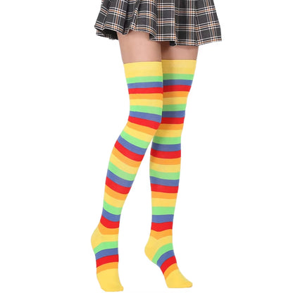 🌈 Vibrant Rainbow Striped Thigh Highs – Colorful Over-the-Knee 🍭✨