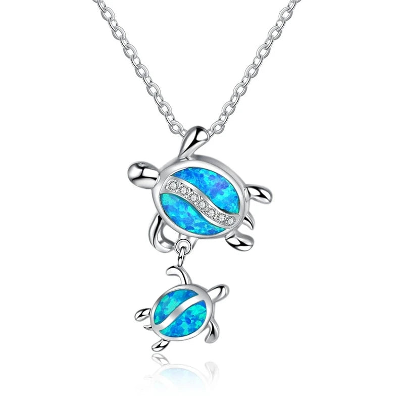 🐢 Bohemian Blue Fire Opal Sea Turtle Necklace – Shimmering Ocean Animal Pendant for Women 🌊✨