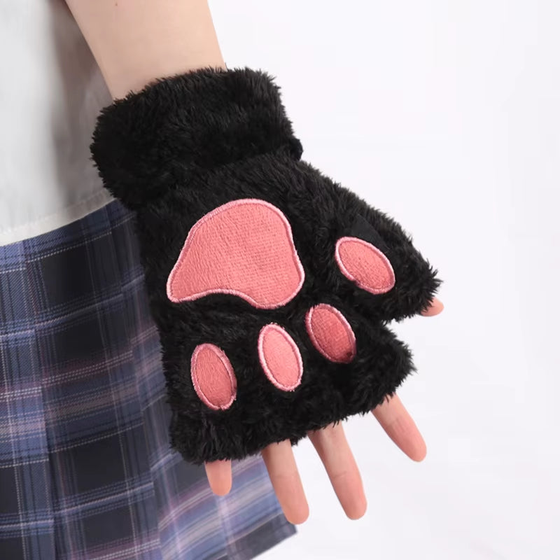 🐾 Kawaii Plush Cat Claw Mittens – Ultra-Soft Thickened Bear Paw Half-Finger Gloves | Cozy Winter Fingerless Hand Warmers for Girls 🐱❄️