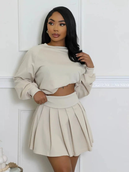 Women'S Fashion Casual Set, Autumn Winter New Style Hoodie Long Sleeve Pullover Top and Pleated Mini Skirt