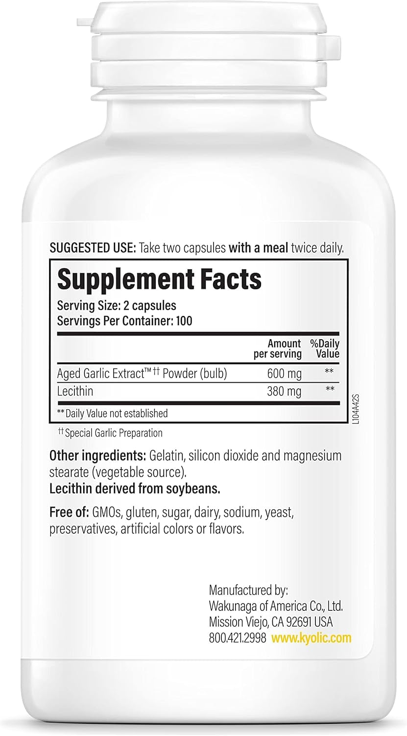 Aged Garlic Extract Formula 104 - Cholesterol Health - Supports Overall Cardiovascular Health* - Odorless Aged Garlic Extract & Lecithin - Gmo-Free, Gluten-Free - 200 Capsules (100 Servings)
