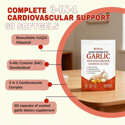 Resilia Aged Garlic Extract, Odorless Aged Garlic Extract Supplement with Coq10 Ubiquinol, Heart Health & Immune Support - Non-Gmo, Gluten Free, 60 Softgels