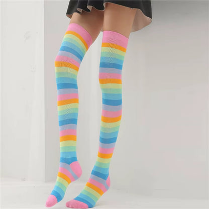 🌈 Vibrant Rainbow Striped Thigh Highs – Colorful Over-the-Knee 🍭✨