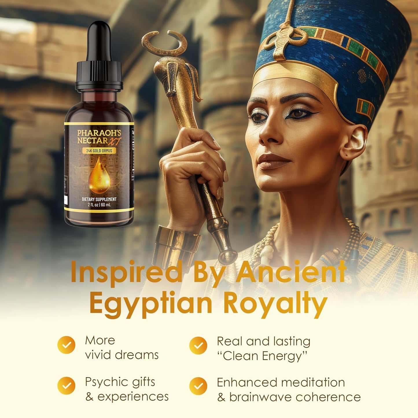 Pharaoh'S Nectar XT | 24K Monoatomic Gold Ormus Liquid | Third Eye Awakening + Vivid Dreaming | Clean Energy + Mental Clarity | Spiritual Supplement | 60Ml
