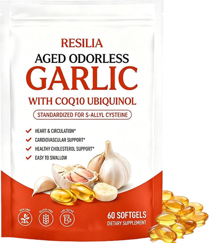 Resilia Aged Garlic Extract, Odorless Aged Garlic Extract Supplement with Coq10 Ubiquinol, Heart Health & Immune Support - Non-Gmo, Gluten Free, 60 Softgels
