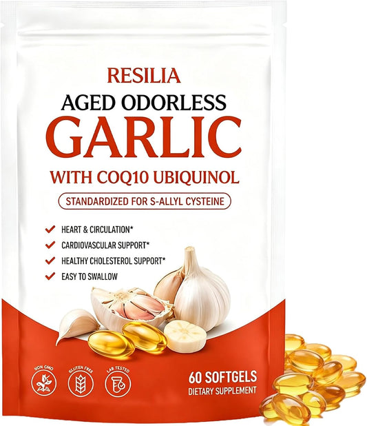 Resilia Aged Garlic Extract, Odorless Aged Garlic Extract Supplement with Coq10 Ubiquinol, Heart Health & Immune Support - Non-Gmo, Gluten Free, 60 Softgels
