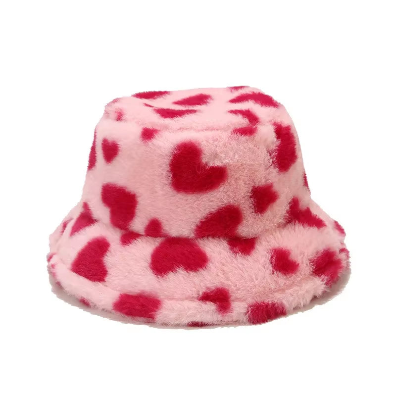 💖 Luxury Heart Print Faux Fur Bucket Hat – Ultra-Soft Winter Fisherman Cap for Women & Teens | Trendy Y2K Warmth ❄️👒