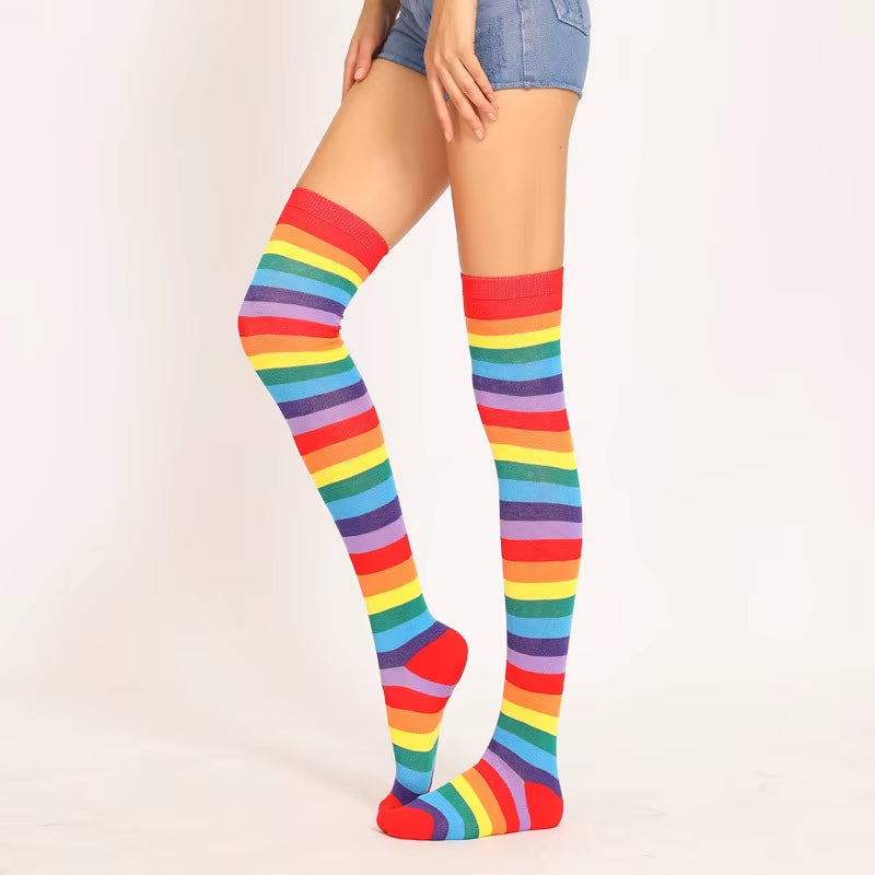 🌈 Vibrant Rainbow Striped Thigh Highs – Colorful Over-the-Knee 🍭✨