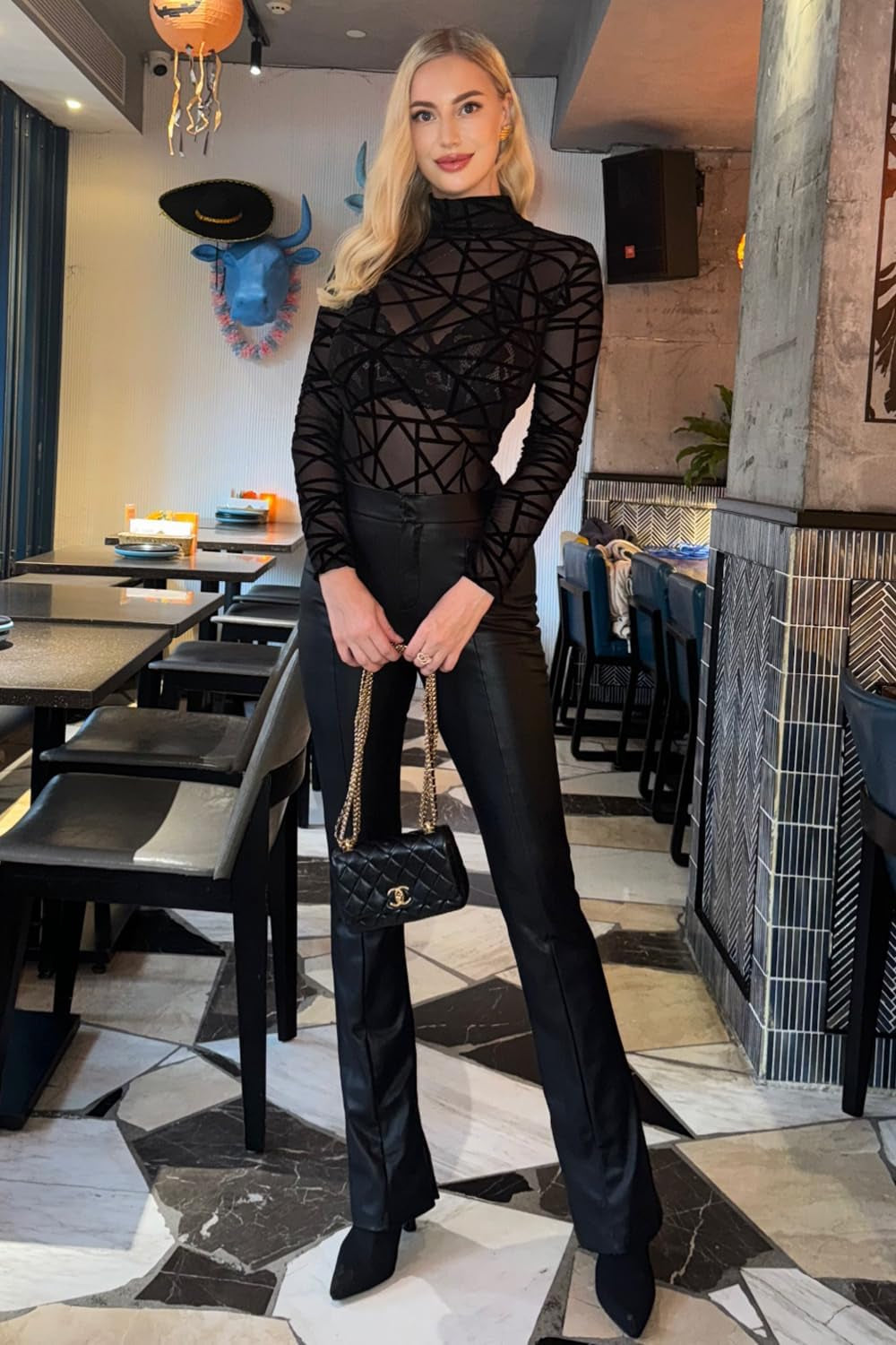 Effortless Geo Mesh Bodysuit - Sheer Long Sleeve Turtleneck