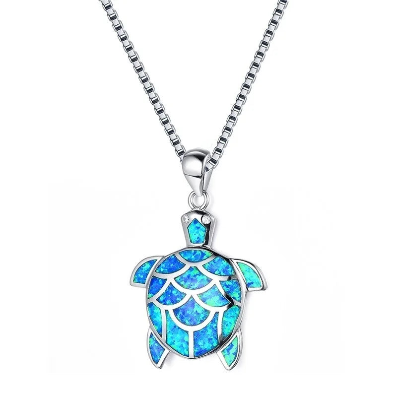 🐢 Bohemian Blue Fire Opal Sea Turtle Necklace – Shimmering Ocean Animal Pendant for Women 🌊✨