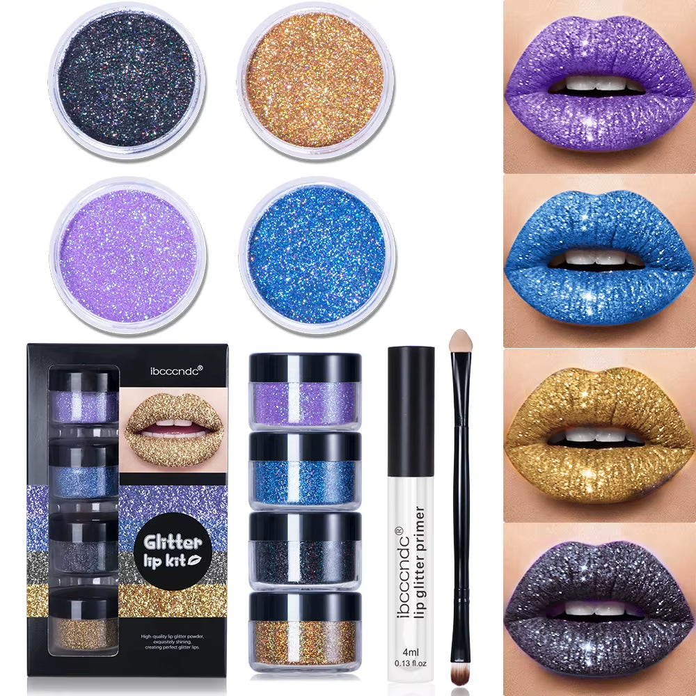 Diamond Sparkle Glitter Lip Kit – 4-Color Waterproof & Smudge-Proof Lip & Nail Art Glitter Set ✨👄