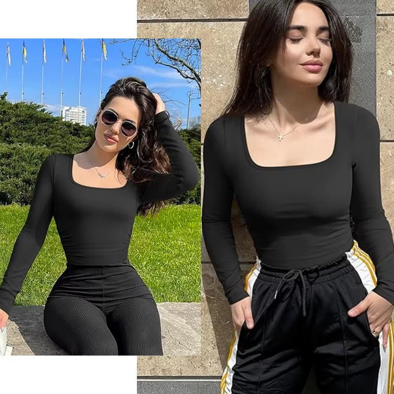 GUUDIA Seamless Tummy Control Bodysuit – Long Sleeve Open Crotch Shapewear with Deep U-Neck 🍑