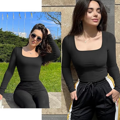 GUUDIA Seamless Tummy Control Bodysuit – Long Sleeve Open Crotch Shapewear with Deep U-Neck 🍑