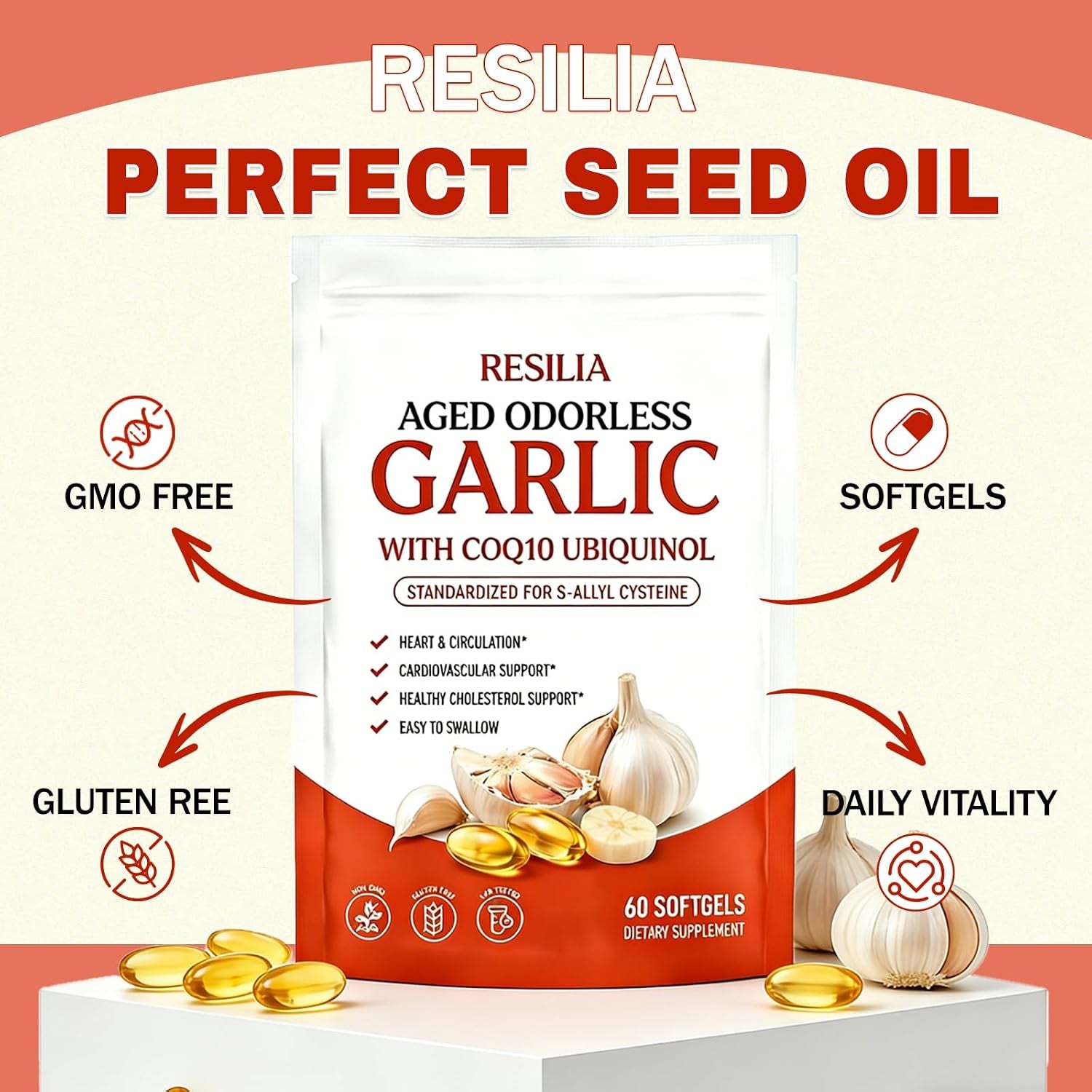 Resilia Aged Garlic Extract, Odorless Aged Garlic Extract Supplement with Coq10 Ubiquinol, Heart Health & Immune Support - Non-Gmo, Gluten Free, 60 Softgels