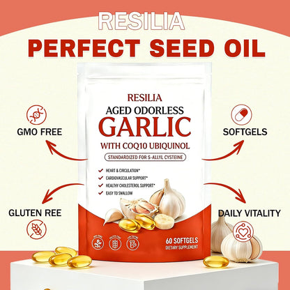Resilia Aged Garlic Extract, Odorless Aged Garlic Extract Supplement with Coq10 Ubiquinol, Heart Health & Immune Support - Non-Gmo, Gluten Free, 60 Softgels