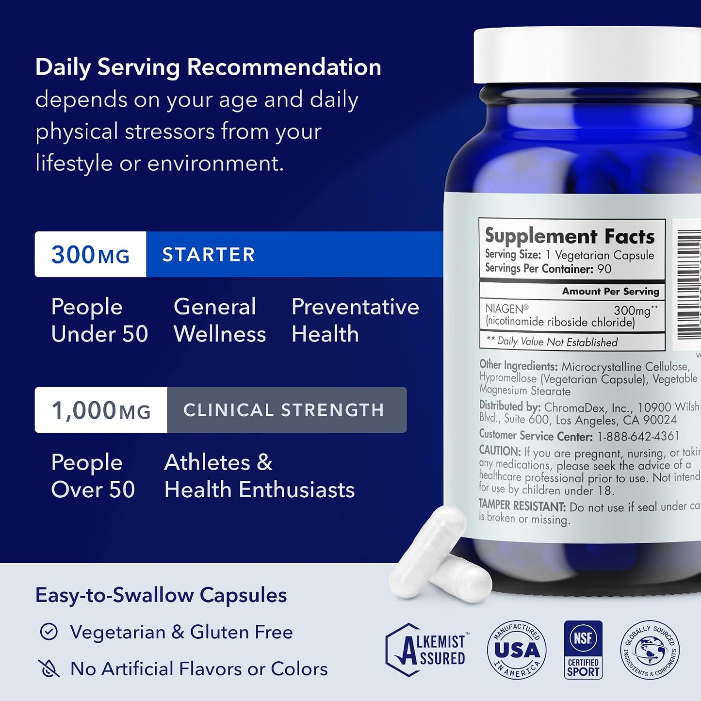 Patented NAD+ Supplement, 300Mg Niagen, 90 Servings | Nicotinamide Riboside (NR) Take 1 Daily | 1 Bottle