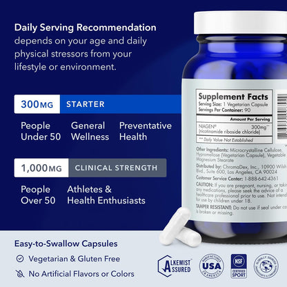 Patented NAD+ Supplement, 300Mg Niagen, 90 Servings | Nicotinamide Riboside (NR) Take 1 Daily | 1 Bottle