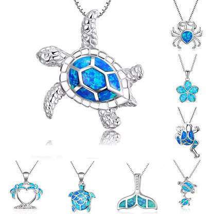 🐢 Bohemian Blue Fire Opal Sea Turtle Necklace – Shimmering Ocean Animal Pendant for Women 🌊✨