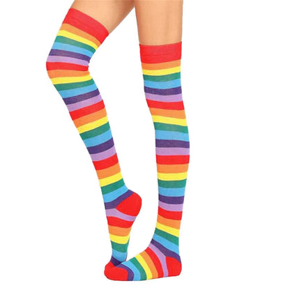 🌈 Vibrant Rainbow Striped Thigh Highs – Colorful Over-the-Knee 🍭✨