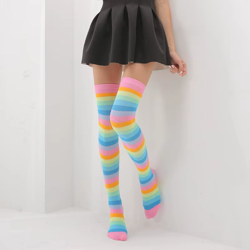 🌈 Vibrant Rainbow Striped Thigh Highs – Colorful Over-the-Knee 🍭✨