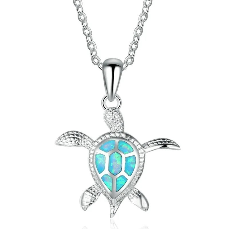 🐢 Bohemian Blue Fire Opal Sea Turtle Necklace – Shimmering Ocean Animal Pendant for Women 🌊✨