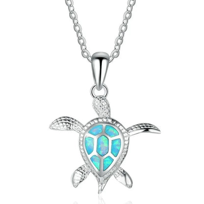 🐢 Bohemian Blue Fire Opal Sea Turtle Necklace – Shimmering Ocean Animal Pendant for Women 🌊✨