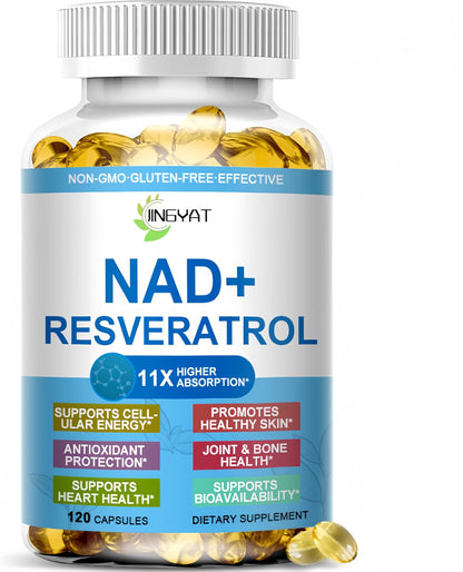 11-In-1 NAD Supplement with Resveratrol, Coq10, Quercetin, Collagen, Grape Seed for Cellular Energy, Mental Focus & Antioxidant Support - NAD Supplement for Women & Men, 120 Soft Capsules