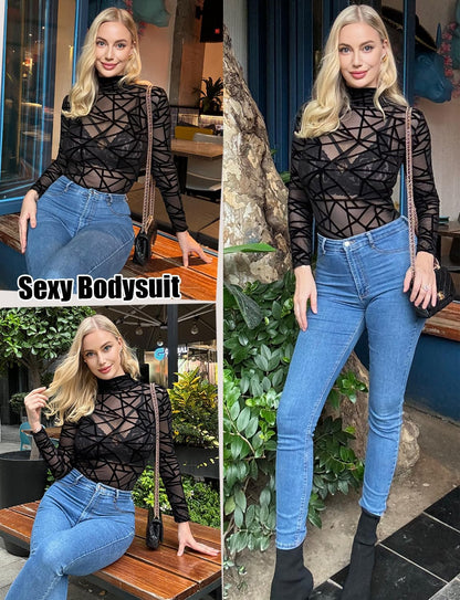 Effortless Geo Mesh Bodysuit - Sheer Long Sleeve Turtleneck