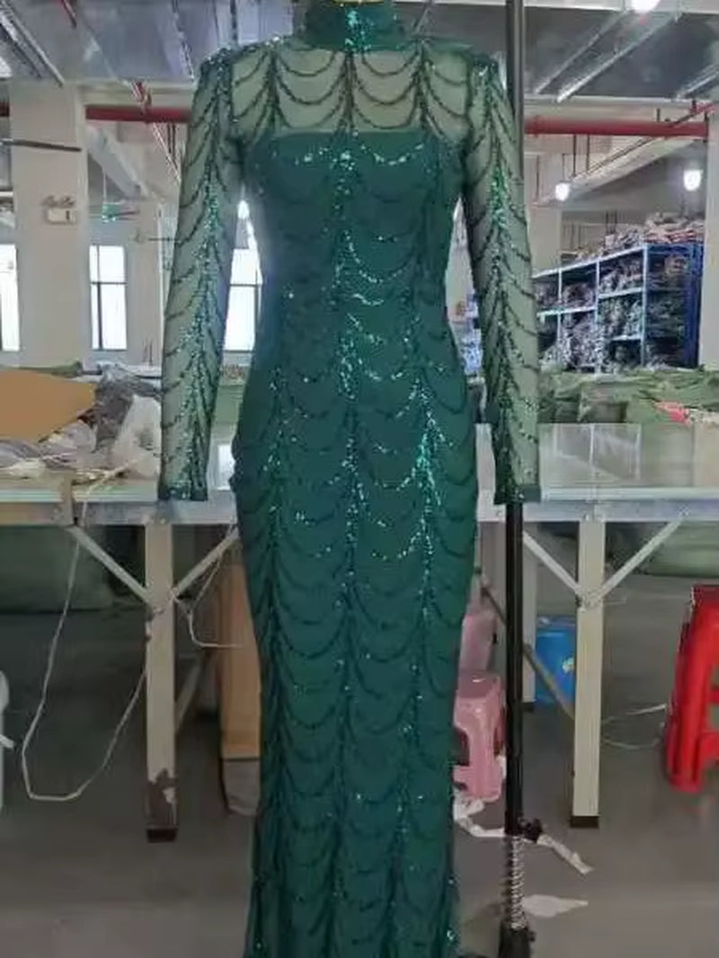 Missord Elegant Wave Sequin Evening Gown – High Neck Mesh Bodycon Party Dress 🌊✨