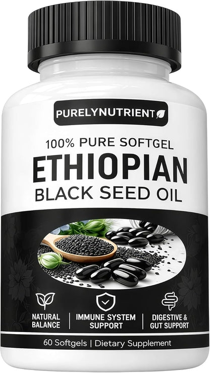 Ethiopian Black Seed Oil Softgels | Ethiopian Black Seed Oil Organic Cold Pressed | 4.64% Thymoquinone | Non-Gmo, Gluten-Free,60 Capsules