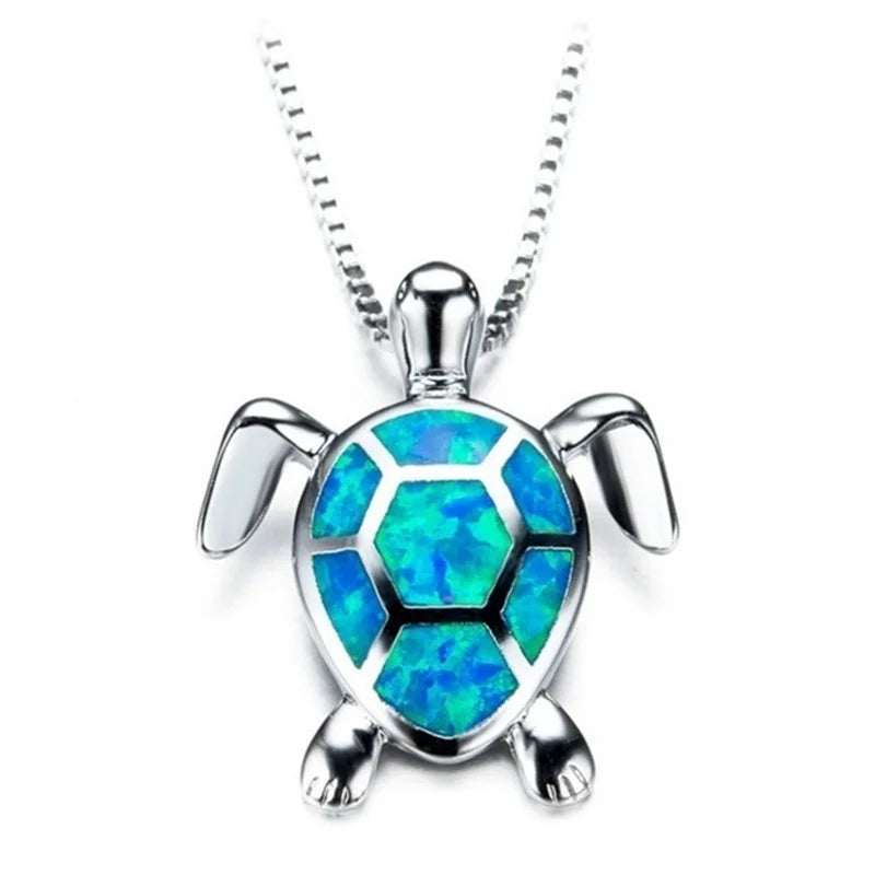 🐢 Bohemian Blue Fire Opal Sea Turtle Necklace – Shimmering Ocean Animal Pendant for Women 🌊✨