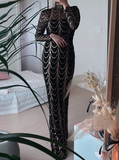 Missord Elegant Wave Sequin Evening Gown – High Neck Mesh Bodycon Party Dress 🌊✨