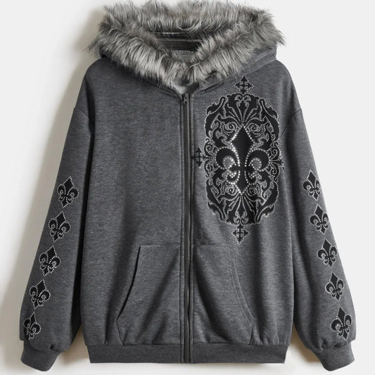 Bare N Bliss Rhinestone Graphic Zip-Up | Faux Fur Luxe Hoodie 💎