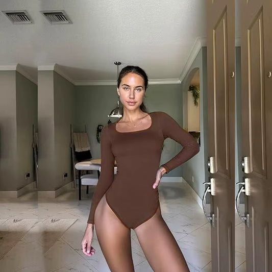 GUUDIA Seamless Tummy Control Bodysuit – Long Sleeve Open Crotch Shapewear with Deep U-Neck 🍑