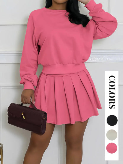 Women'S Fashion Casual Set, Autumn Winter New Style Hoodie Long Sleeve Pullover Top and Pleated Mini Skirt