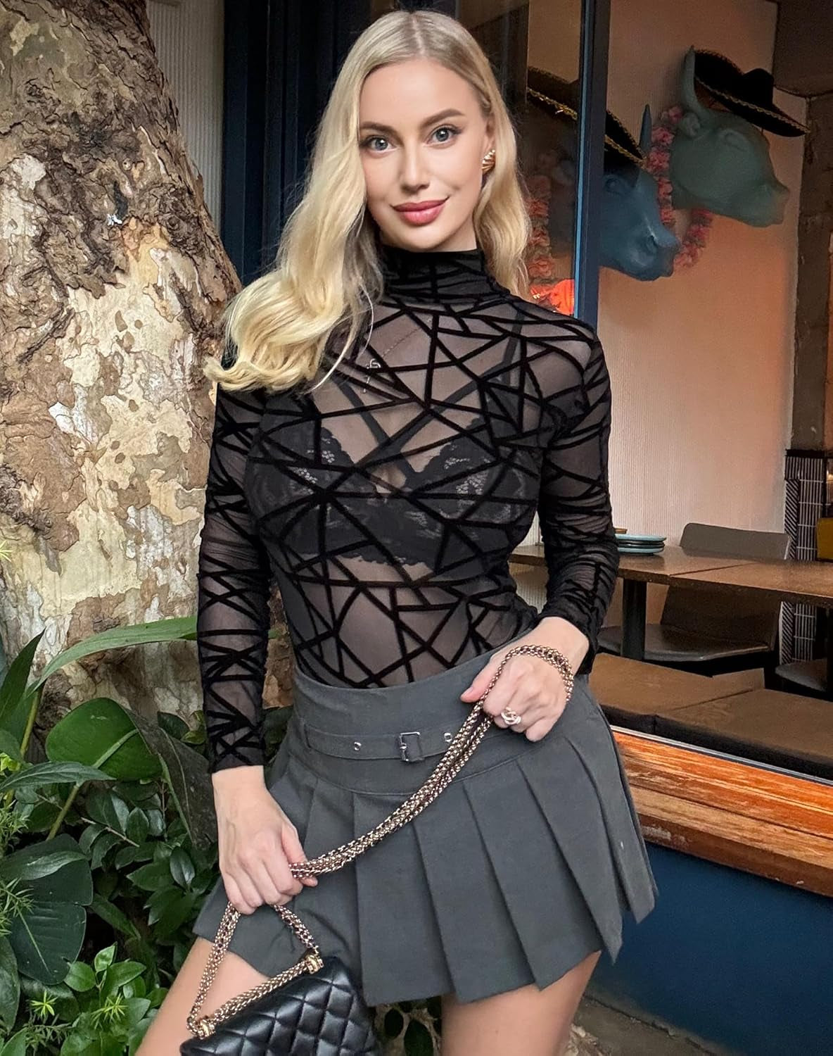 Effortless Geo Mesh Bodysuit - Sheer Long Sleeve Turtleneck