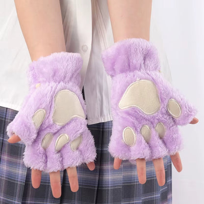 🐾 Kawaii Plush Cat Claw Mittens – Ultra-Soft Thickened Bear Paw Half-Finger Gloves | Cozy Winter Fingerless Hand Warmers for Girls 🐱❄️